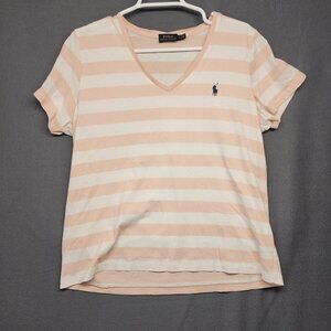 Polo Ralph Lauren Top Women XL Pink Stripe Short Sleeve V Neck Casual Preppy